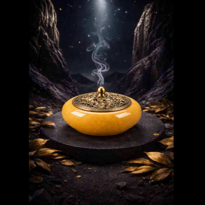 Evolzakh Premium Yellow Glazed Jade Incense Burner with Brass Lid