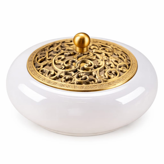 Evolzakh Premium White Glazed Jade Incense Burner with Brass Lid